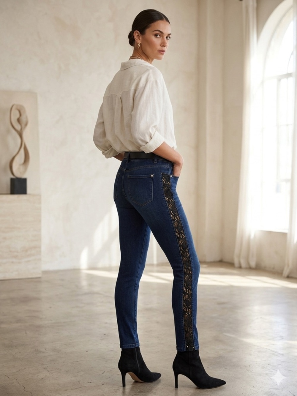 Dark Blue Women’s Jeans with Lace-Trim Side Panel
